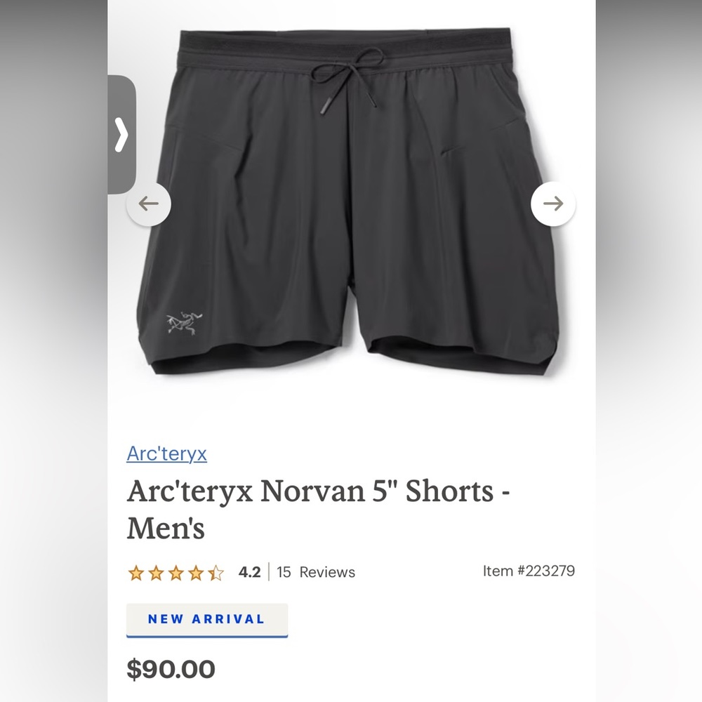Arc’teryx norvan shorts 5”, large, black, NWT
